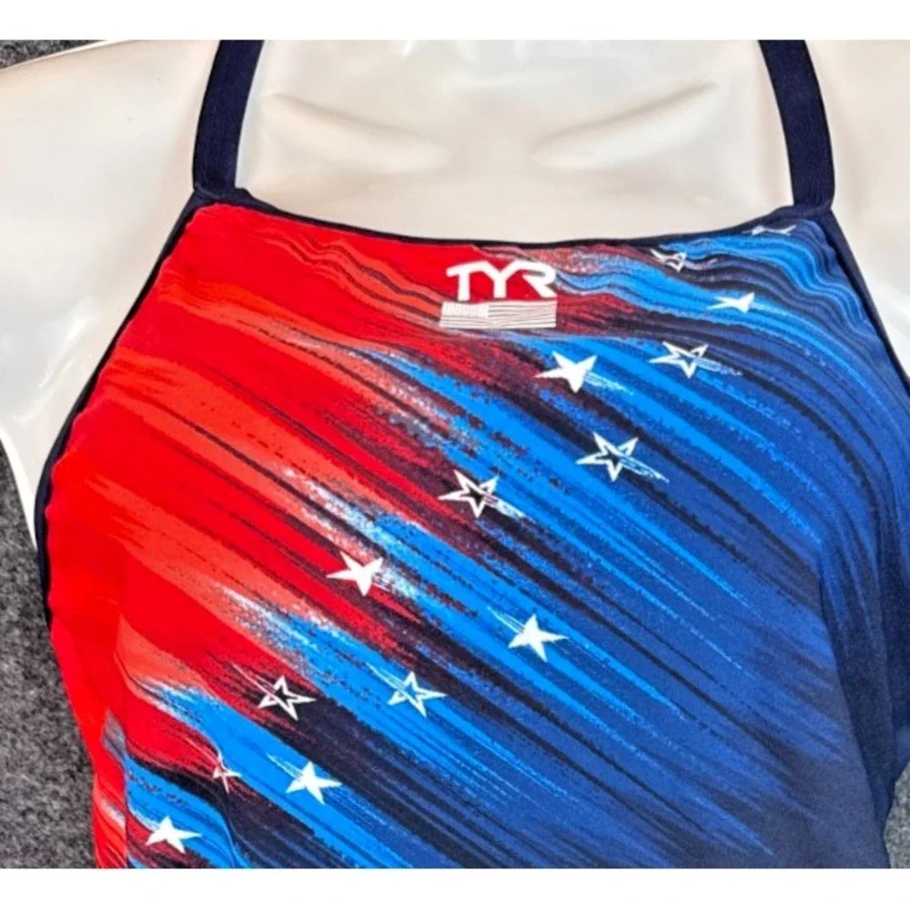 TYR Womens Size 36/L Navy Red Blue USA Stars Stripes One Piece Swimsuit NWT